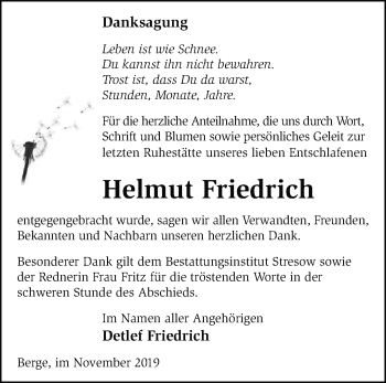 Traueranzeige von Helmut Friedrich von Märkische Oderzeitung