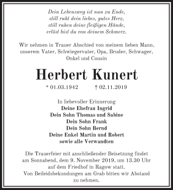 Traueranzeige von Herbert Kunert von Märkische Oderzeitung