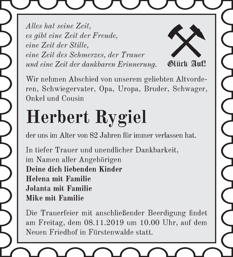  Traueranzeige für Herbert Rygiel vom 02.11.2019 aus Märkische Oderzeitung