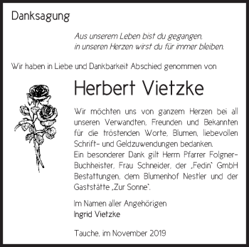 Traueranzeige von Herbert Vietzke von Märkische Oderzeitung