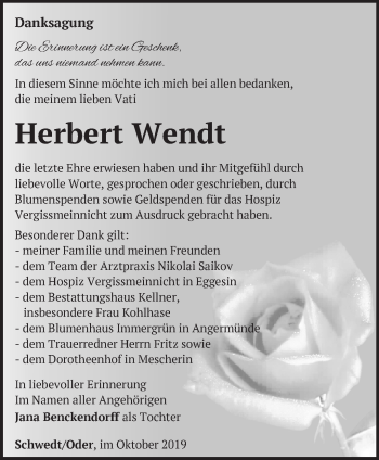 Traueranzeige von Herbert Wendt von Märkische Oderzeitung