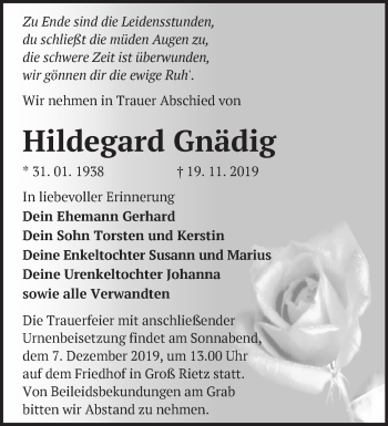 Traueranzeige von Hildegard Gnädig von Märkische Oderzeitung