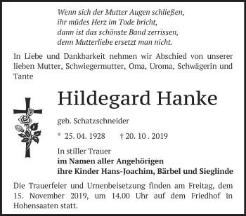 Traueranzeige von Hildegard Hanke von Märkische Oderzeitung