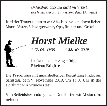 Traueranzeige von Horst Mielke von Märkische Oderzeitung