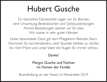 Traueranzeige von Hubert Gusche von Märkische Oderzeitung