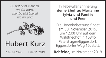 Traueranzeige von Hubert Kurz von Märkische Oderzeitung