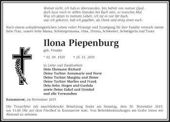 Traueranzeige von Ilona Piepenburg von Märkische Oderzeitung