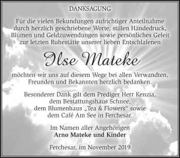 Traueranzeige von Ilse Mateke von Märkische Oderzeitung