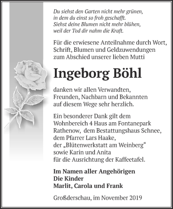 Traueranzeige von Ingeborg Böhl von Märkische Oderzeitung