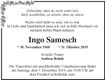 Traueranzeige von Ingo Samesch von Märkische Oderzeitung