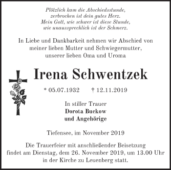 Traueranzeige von Irena Schwentzek von Märkische Oderzeitung