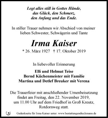 Traueranzeige von Irma Kaiser von Märkische Oderzeitung