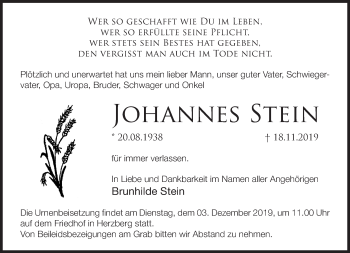 Traueranzeige von Johannes Stein von Märkische Oderzeitung