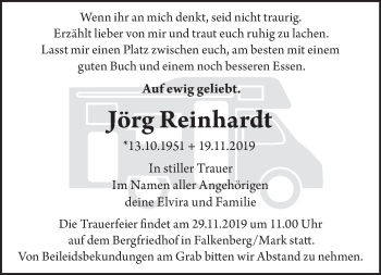 Traueranzeige von Jörg Reinhardt von Märkische Oderzeitung