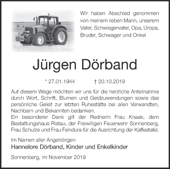 Traueranzeige von Jürgen Dörband von Märkische Oderzeitung