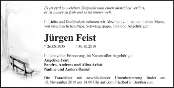 Traueranzeige von Jürgen Feist von Märkische Oderzeitung