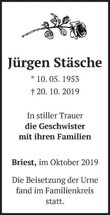 Traueranzeige von Jürgen Stäsche von Märkische Oderzeitung