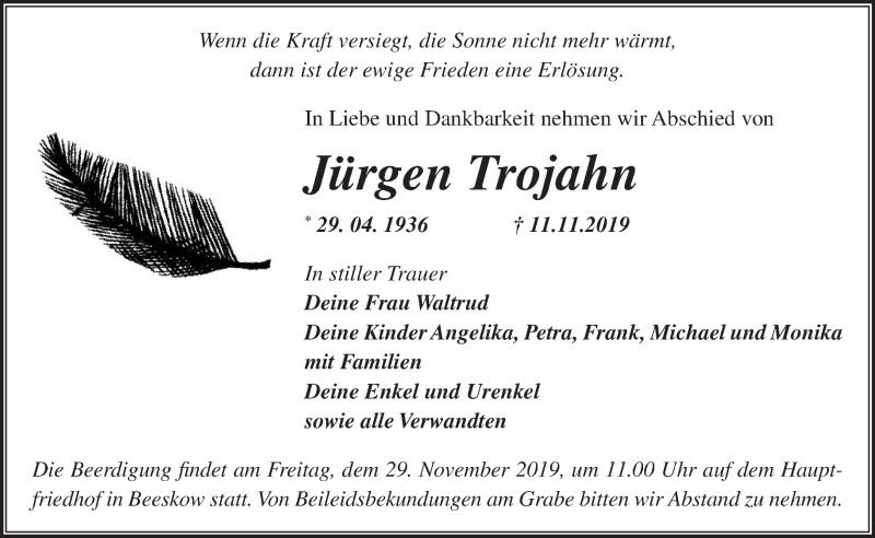  Traueranzeige für Jürgen Trojahn vom 20.11.2019 aus Märkische Oderzeitung
