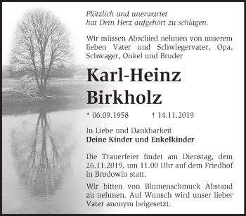 Traueranzeige von Karl-Heinz Birkholz von Märkische Oderzeitung