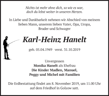 Traueranzeige von Karl-Heinz Hanelt von Märkische Oderzeitung