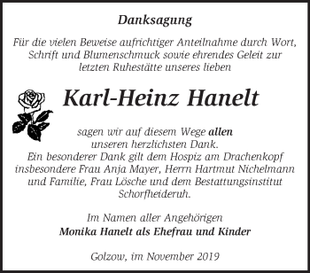 Traueranzeige von Karl-Heinz Hanelt von Märkische Oderzeitung