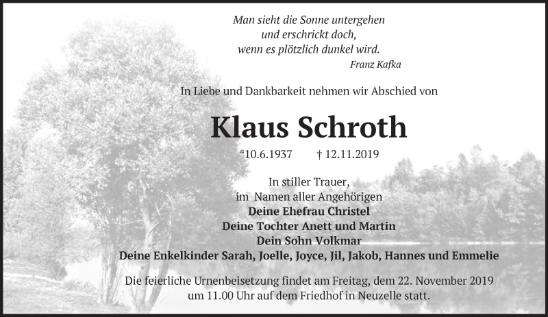  Traueranzeige für Klaus Schroth vom 16.11.2019 aus Märkische Oderzeitung