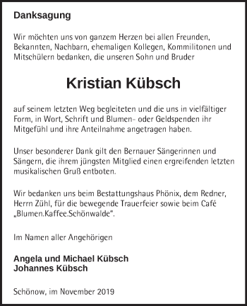 Traueranzeige von Kristian Kübsch von Märkische Oderzeitung