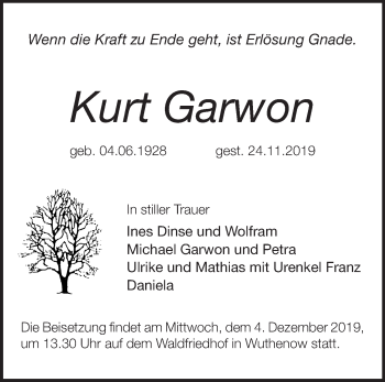 Traueranzeige von Kurt Garwon von Märkische Oderzeitung