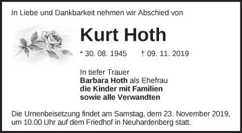 Traueranzeige von Kurt Hoth von Märkische Oderzeitung