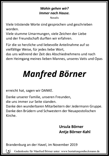 Traueranzeige von Manfred Börner von Märkische Oderzeitung