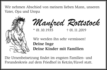 Traueranzeige von Manfred Rottstock von Märkische Oderzeitung