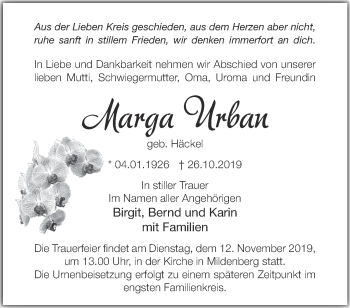 Traueranzeige von Marga Urban von Märkische Oderzeitung