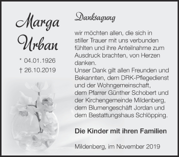 Traueranzeige von Marga Urban von Märkische Oderzeitung