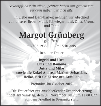 Traueranzeige von Margot Grünberg von Märkische Oderzeitung