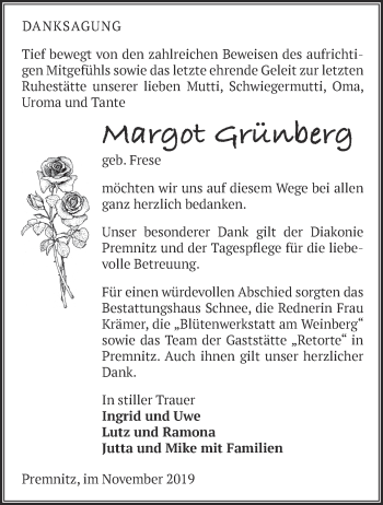 Traueranzeige von Margot Grünberg von Märkische Oderzeitung