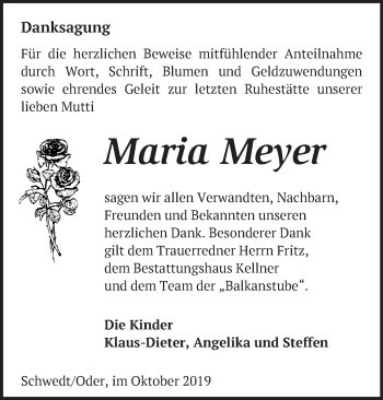 Traueranzeige von Maria Meyer von Märkische Oderzeitung