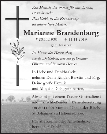 Traueranzeige von Marianne Brandenburg von Märkische Oderzeitung