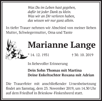 Traueranzeige von Marianne Lange von Märkische Oderzeitung