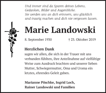 Traueranzeige von Marie Landowski von Märkische Oderzeitung