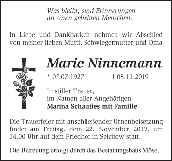 Traueranzeige von Marie Ninnemann von Märkische Oderzeitung