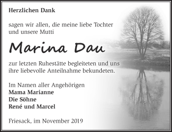 Traueranzeige von Marina Dau von Märkische Oderzeitung