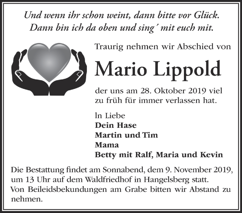  Traueranzeige für Mario Lippoldder vom 02.11.2019 aus Märkische Oderzeitung