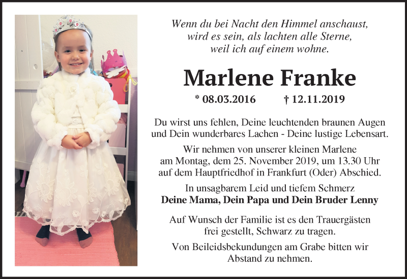  Traueranzeige für Marlene Franke vom 16.11.2019 aus Märkische Oderzeitung