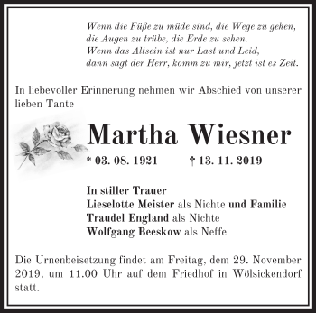 Traueranzeige von Martha Wiesner von Märkische Oderzeitung