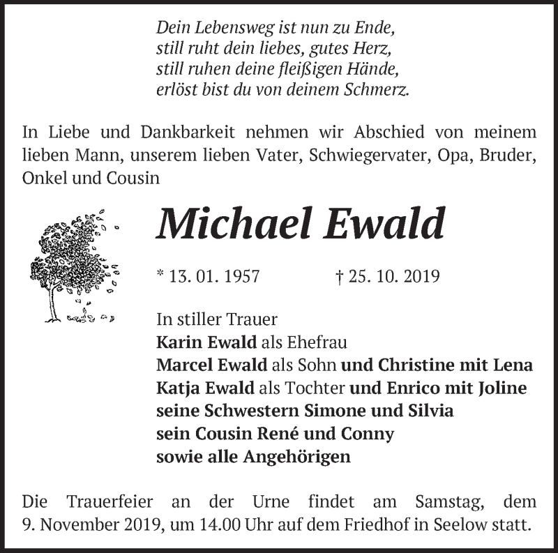  Traueranzeige für Michael Ewald vom 02.11.2019 aus Märkische Oderzeitung