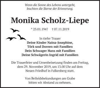 Traueranzeige von Monika Scholz-Liepe von Märkische Oderzeitung