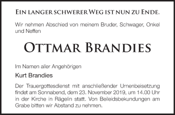 Traueranzeige von Ottmar Brandies von Märkische Oderzeitung