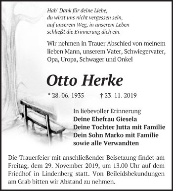 Traueranzeige von Otto Herke von Märkische Oderzeitung