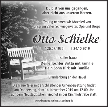 Traueranzeige von Otto Schielke von Märkische Oderzeitung