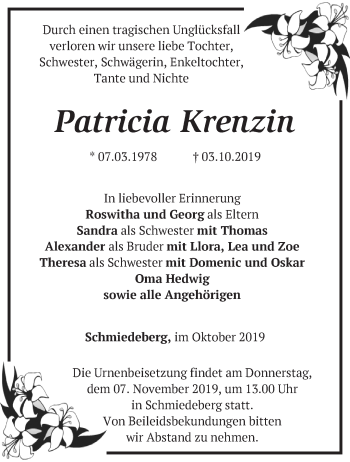 Traueranzeige von Patricia Krenzin von Märkische Oderzeitung